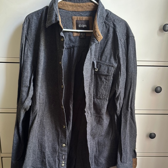Gray Button-Up Shirt with Brown Collar - Picture 1 of 5